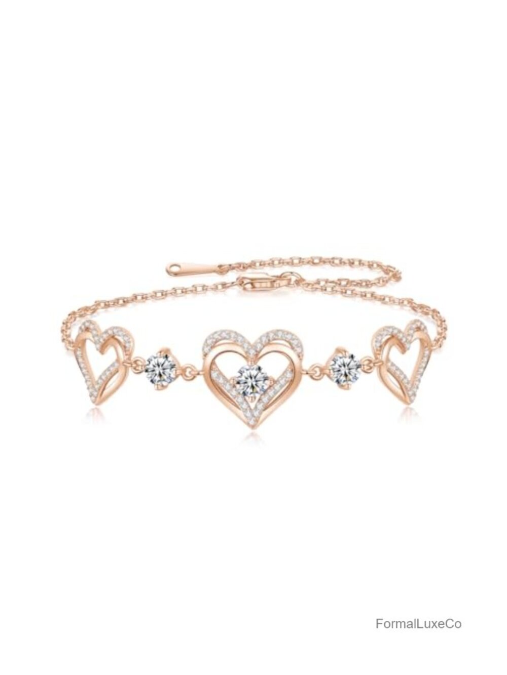 925 Sterling Silver Rose Gold Plated Heart Link Adjustable Bracelet Gift Set